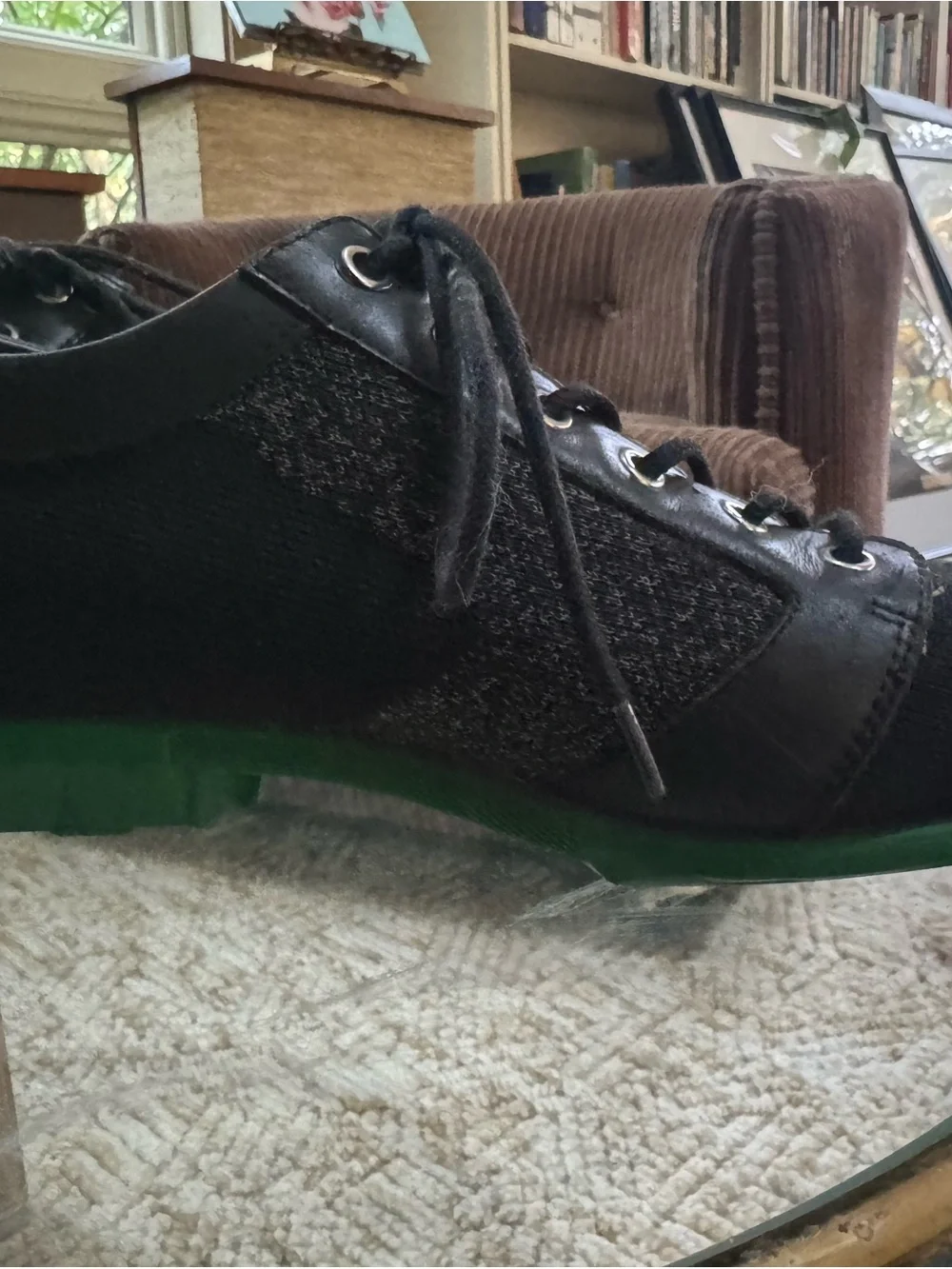 John Fluevog Black and Green Lace-Up Oxfords